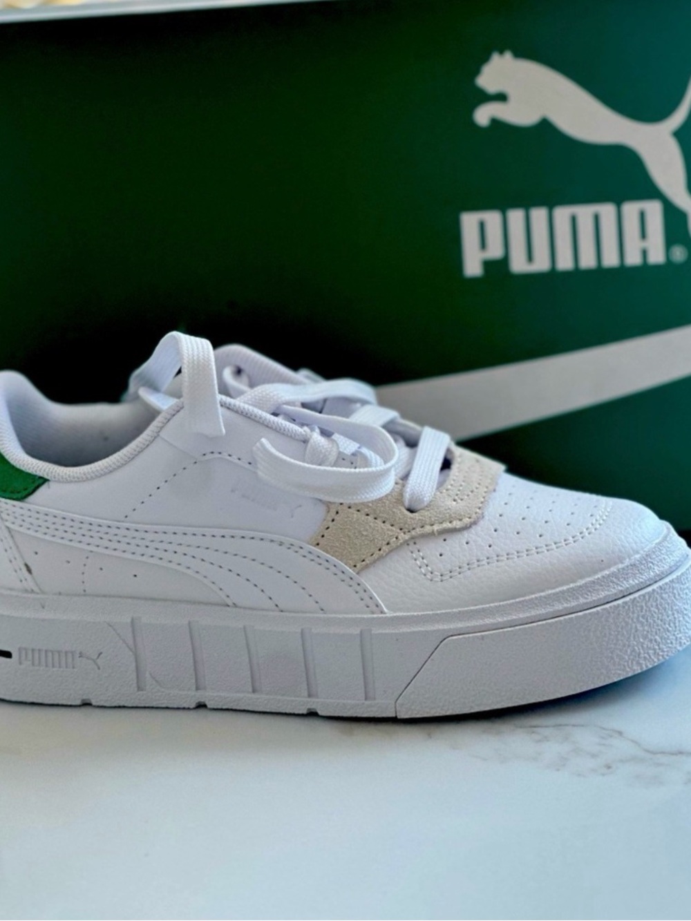 Puma Kids White Sneakers with Green Heel Accent